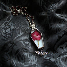 Load image into Gallery viewer, Floral Bat Coffin Necklace - White, Red Rose, Garnet