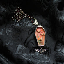 Load image into Gallery viewer, Floral Bat Coffin Necklace - Orange, Orange Roses, Mini Garnet