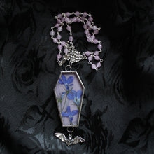 Load image into Gallery viewer, Floral Bat Coffin Necklace - Lavender, Forget Me Not, Lavender Jade