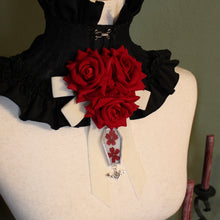 Load image into Gallery viewer, Dearly Departed Corsage - Ivory Ribbon, Red Roses, Red Cosmos