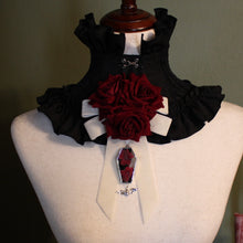 Load image into Gallery viewer, Dearly Departed Corsage - Ivory Ribbon, Wine Roses, Red Cosmos