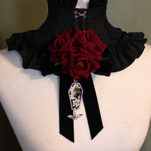 Load image into Gallery viewer, Dearly Departed Corsage - Black Ribbon, Wine Roses, Rice Flowers