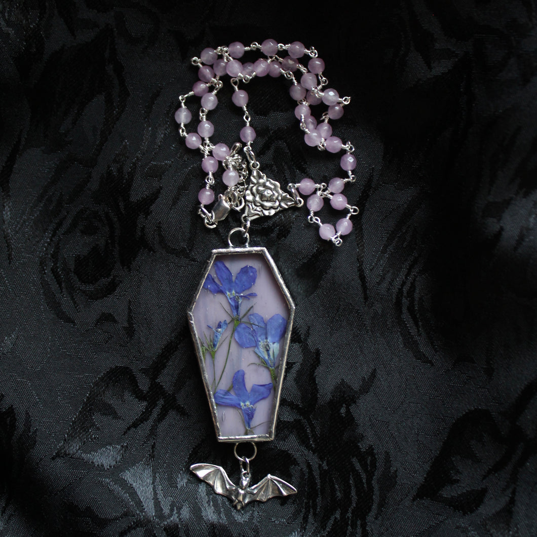 Floral Bat Coffin Necklace - Lavender, Forget Me Not, Lavender Jade
