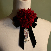 Load image into Gallery viewer, Dearly Departed Corsage - Black Ribbon, Red Roses, Red Baby&#39;s Breath on White Glass
