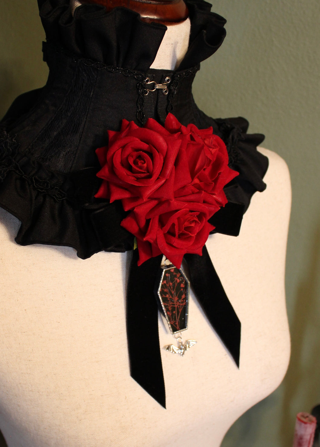Dearly Departed Corsage - Black Ribbon, Red Roses, Red Baby's Breath on Black Glass