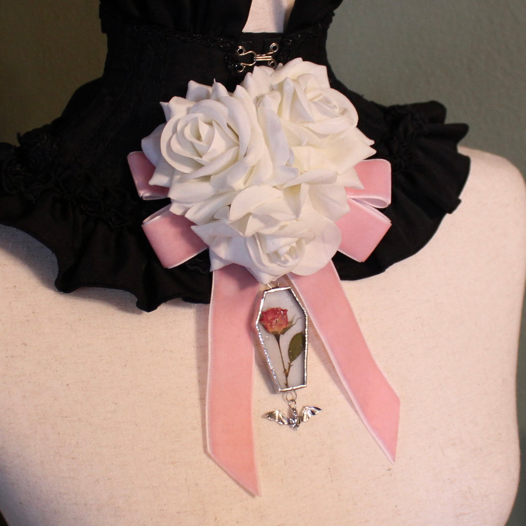 Dearly Departed Corsage - Pink Ribbon, White Roses, Pink Rose