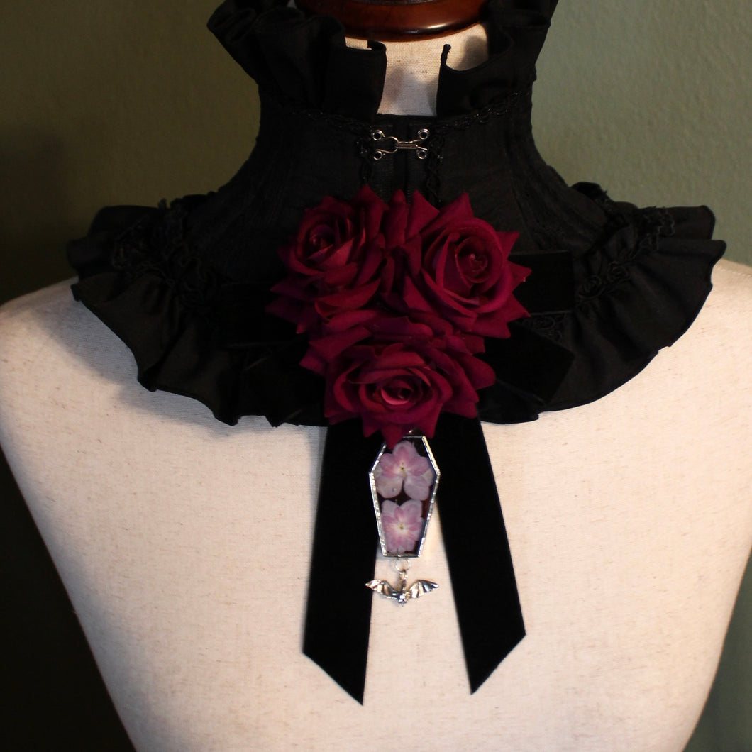 Dearly Departed Corsage - Black Ribbon, Purple Roses, Purple Hydrangea