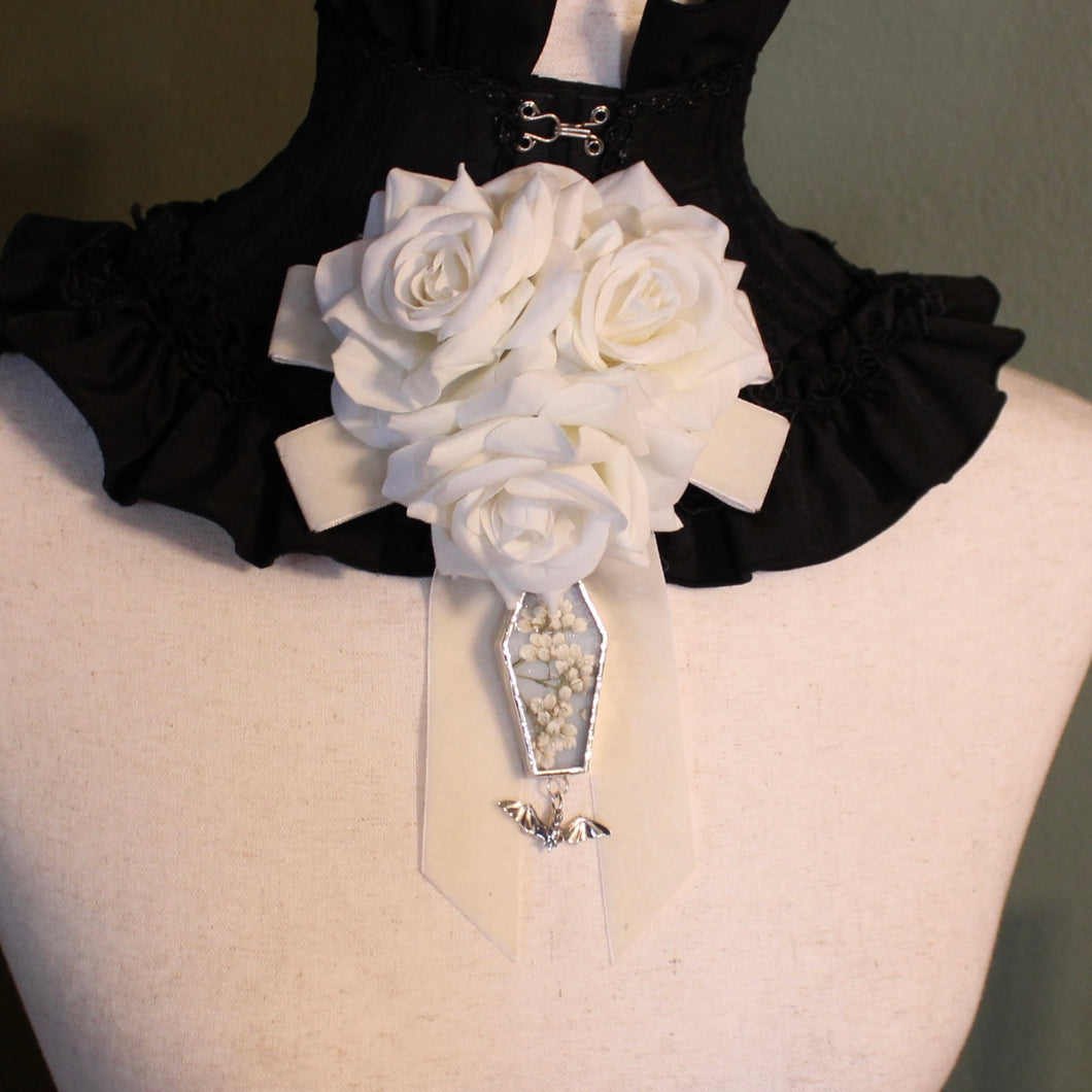 Dearly Departed Corsage - Ivory Ribbon, White Roses, Red Rose