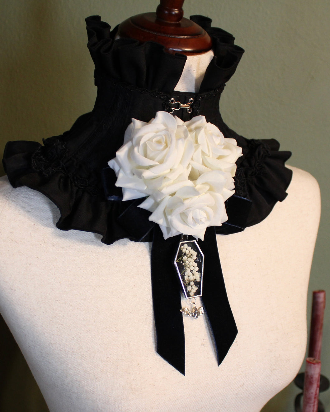 Dearly Departed Corsage - Navy Ribbon, White Roses, Riceflower