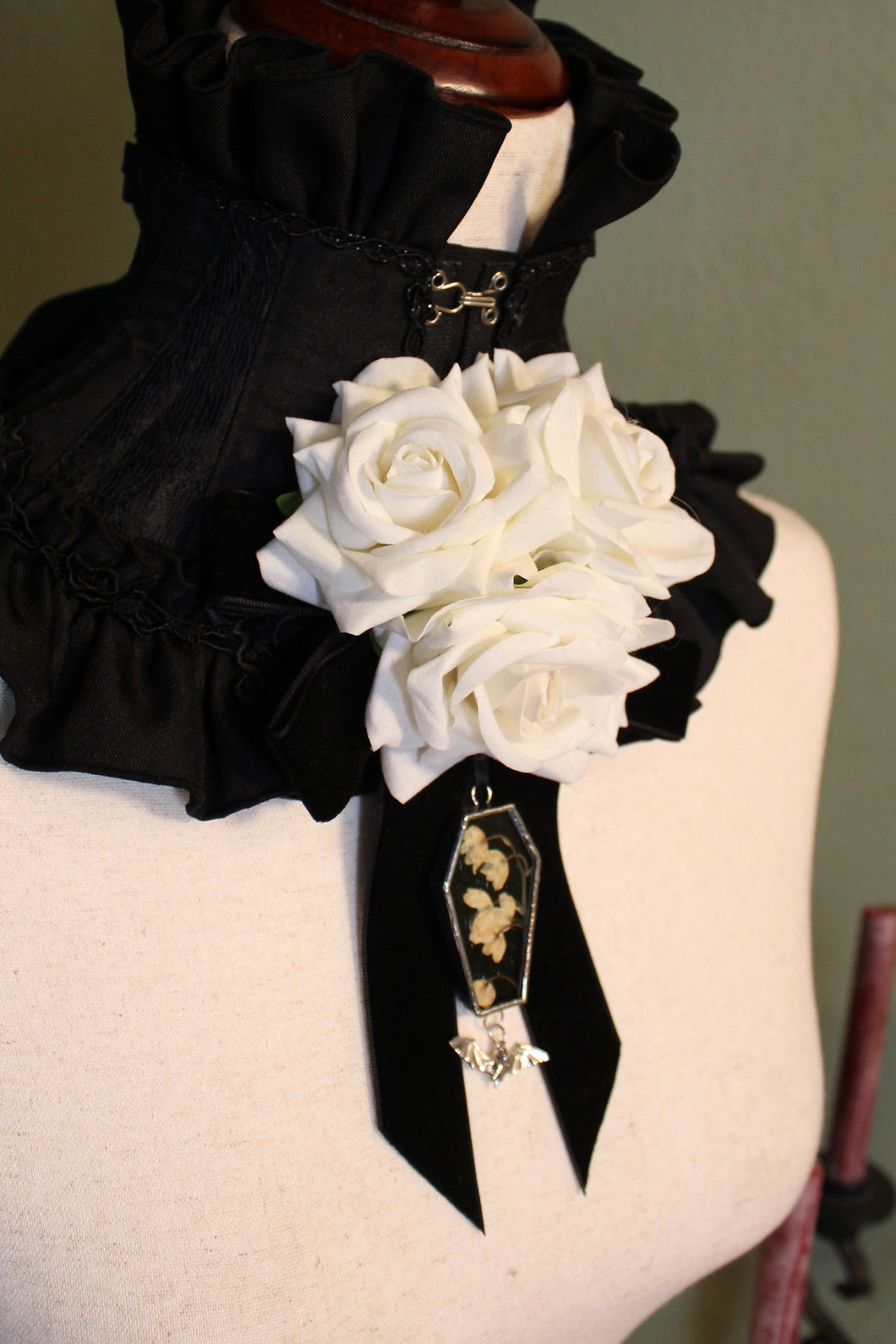Dearly Departed Corsage - Black Ribbon, White Roses, Lily of the Valley