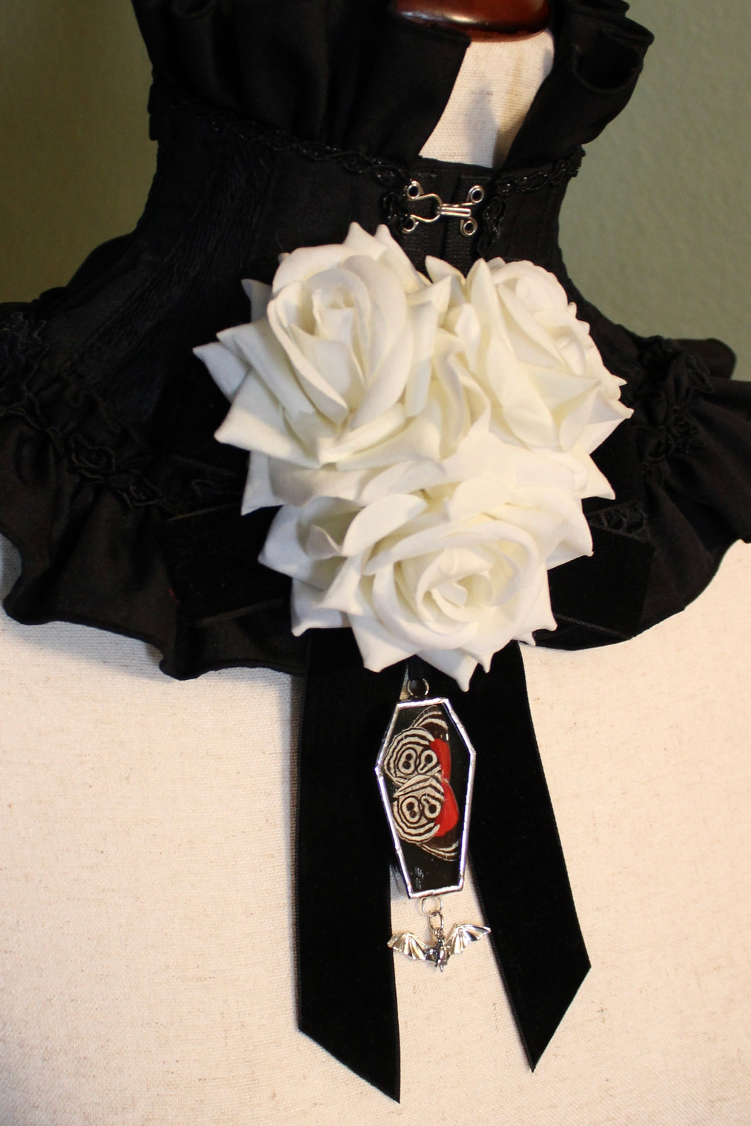 Dearly Departed Corsage - Black Ribbon, White Roses, Cramer's 88