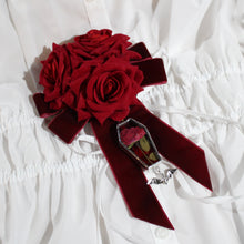 Load image into Gallery viewer, Dearly Departed Corsage - Wine Ribbon, Red Roses, Red Rose
